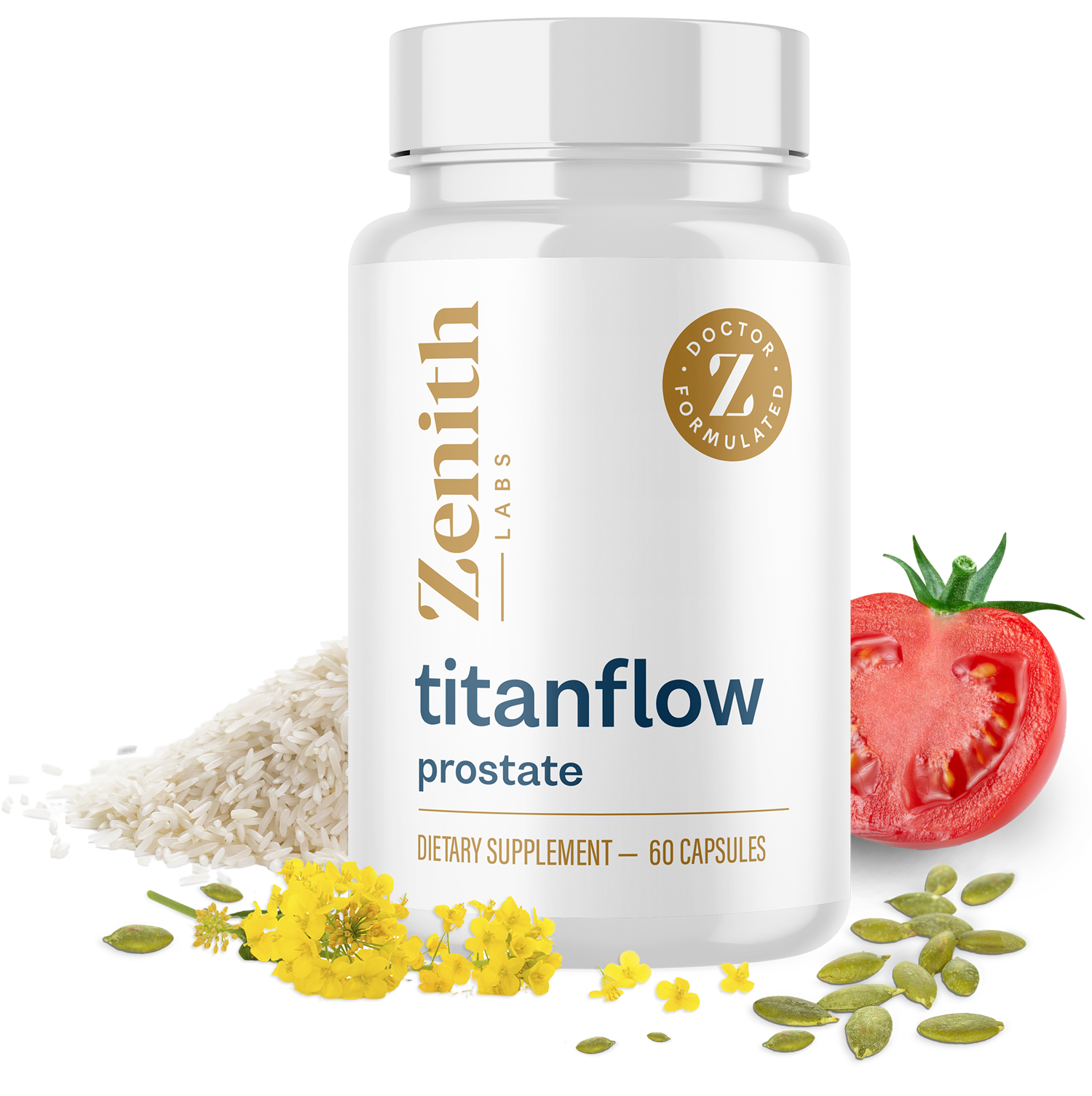 Titanflow 1 Bottle with rice grains, flower, tomato slice